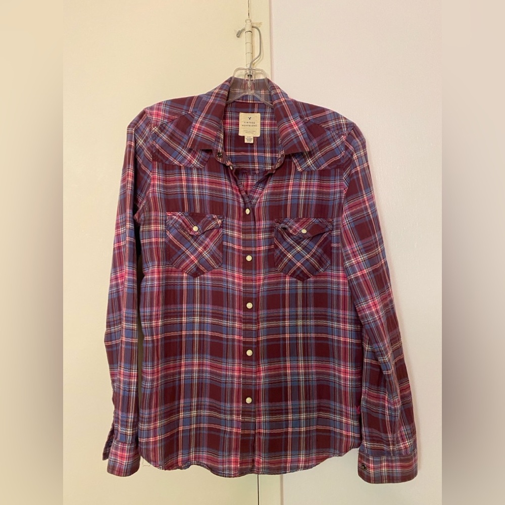 EUC AEO Vintage Boyfriend Purple Snap Button Down Flannel Shirt - Small